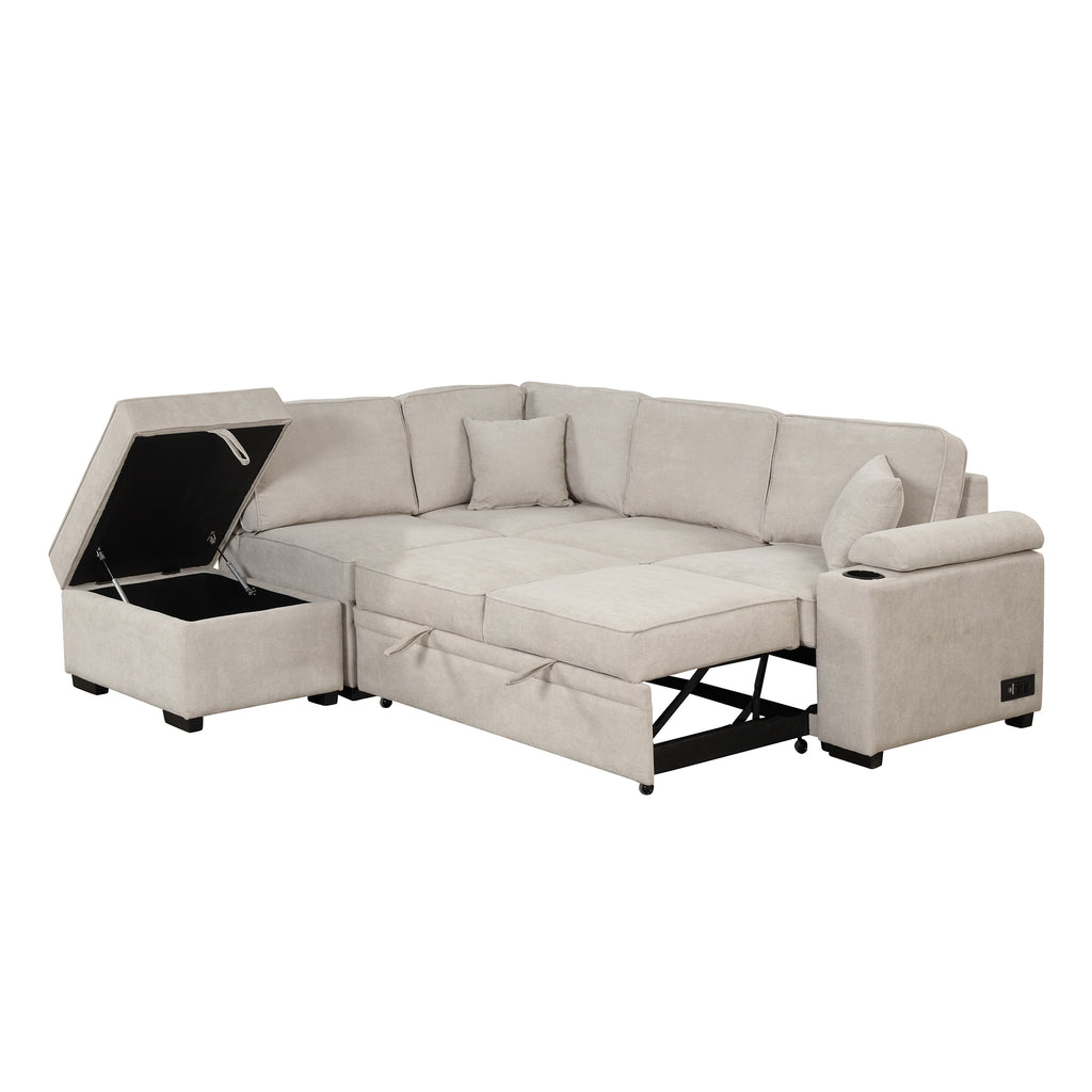 2 in 1 Sleeper Sofa Bed with Storage Ottoman, Beige Linen Upholstery, 84.75' L Shape Couch for Small Spaces - Grand Goldman Shop