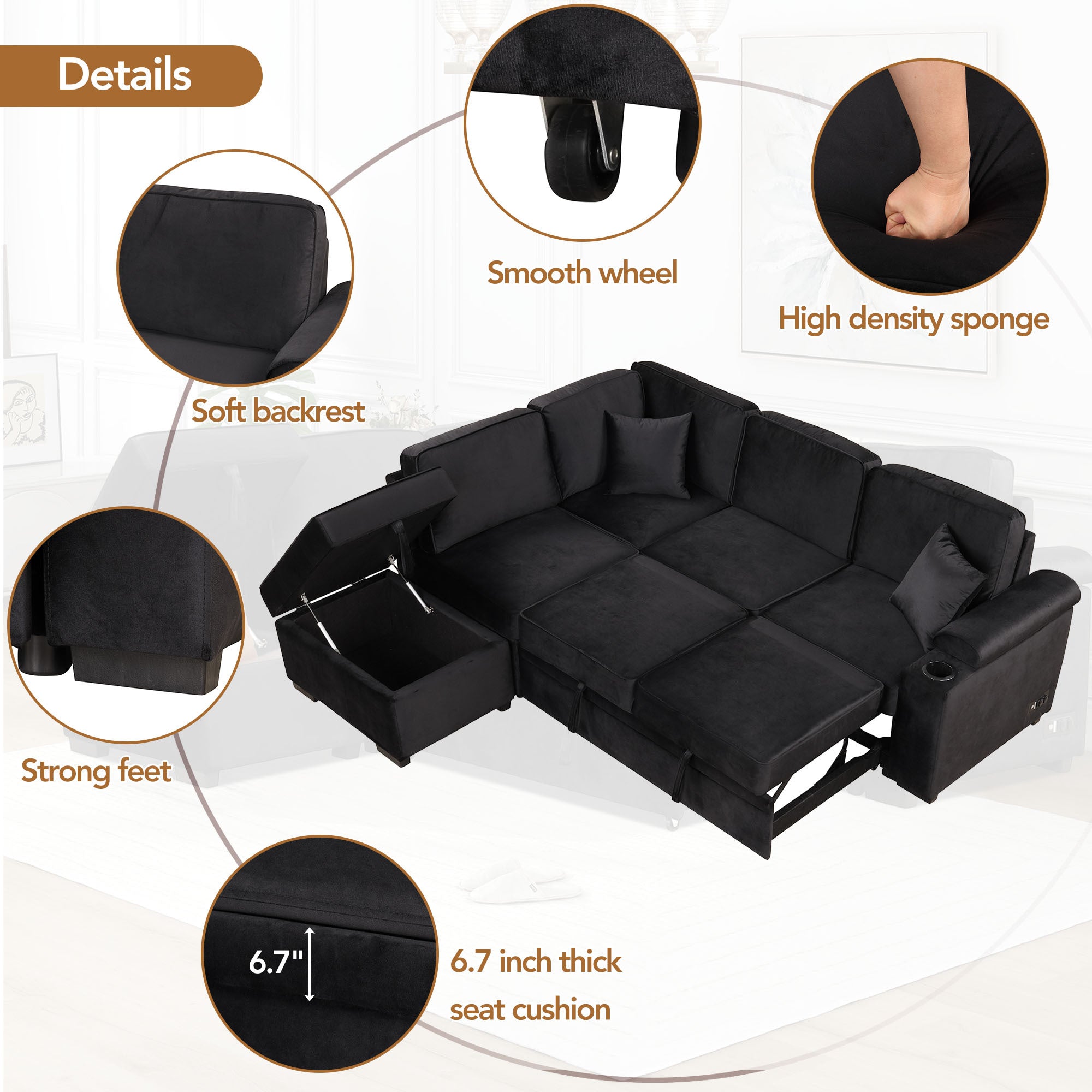 Modern Velvet Sleeper Sofa Bed with Storage Ottoman, Black, 84.75' L Shape - Grand Goldman Shop