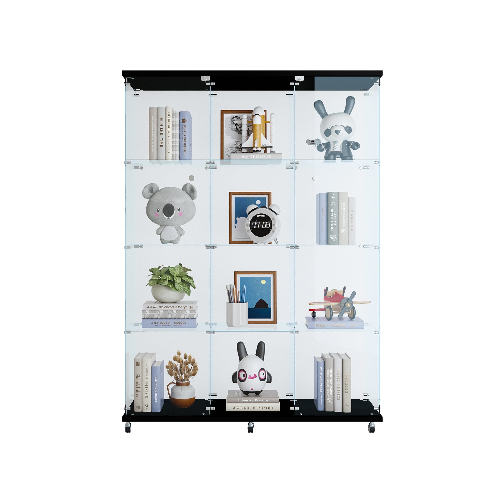 Glass Display Cabinet with 4 Shelves Extra Large, Curio Cabinets for Living Room, Bedroom, Office, Black Floor Standing Glass
