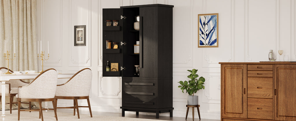 70' Kitchen Pantry Cabinet with 2 Cabinet Shelves,Luxurious Wooden Cupboard with 6 Door Shelves and 3 Drawers for Kitchen, Dining Room,Black - Grand Goldman Shop