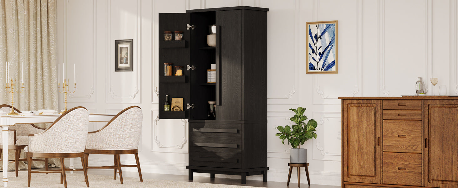 70' Kitchen Pantry Cabinet with 2 Cabinet Shelves,Luxurious Wooden Cupboard with 6 Door Shelves and 3 Drawers for Kitchen, Dining Room,Black - Grand Goldman Shop
