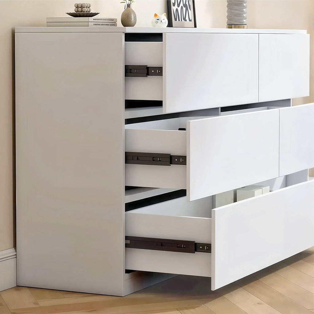 Modern 6 Drawer Dresser with Spacious Countertop and Concealed Handles, Storage Cabinet for Bedroom and Living Room, White MDF - Grand Goldman Shop