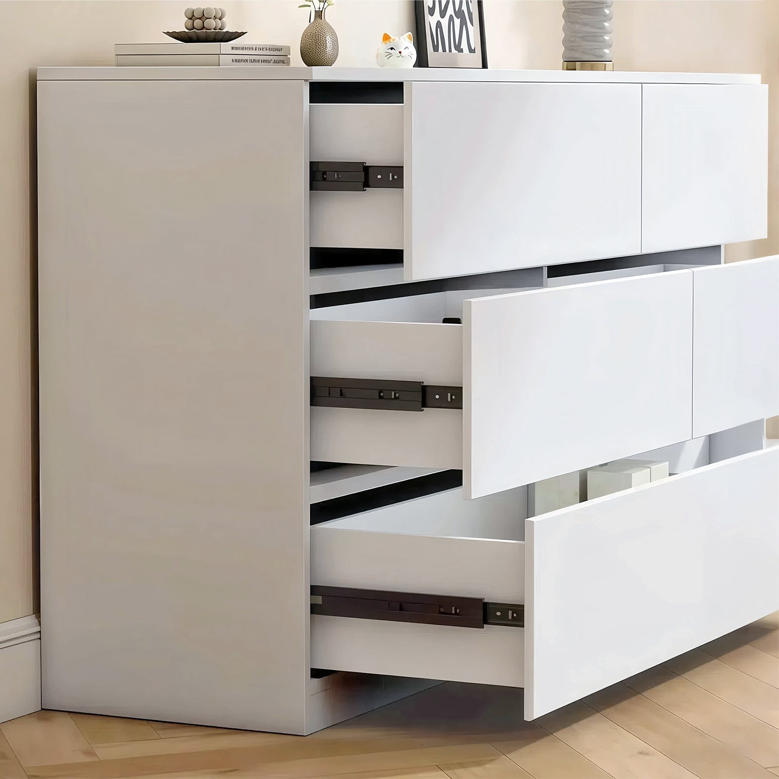 Modern 6 Drawer Dresser with Spacious Countertop and Concealed Handles, Storage Cabinet for Bedroom and Living Room, White MDF - Grand Goldman Shop