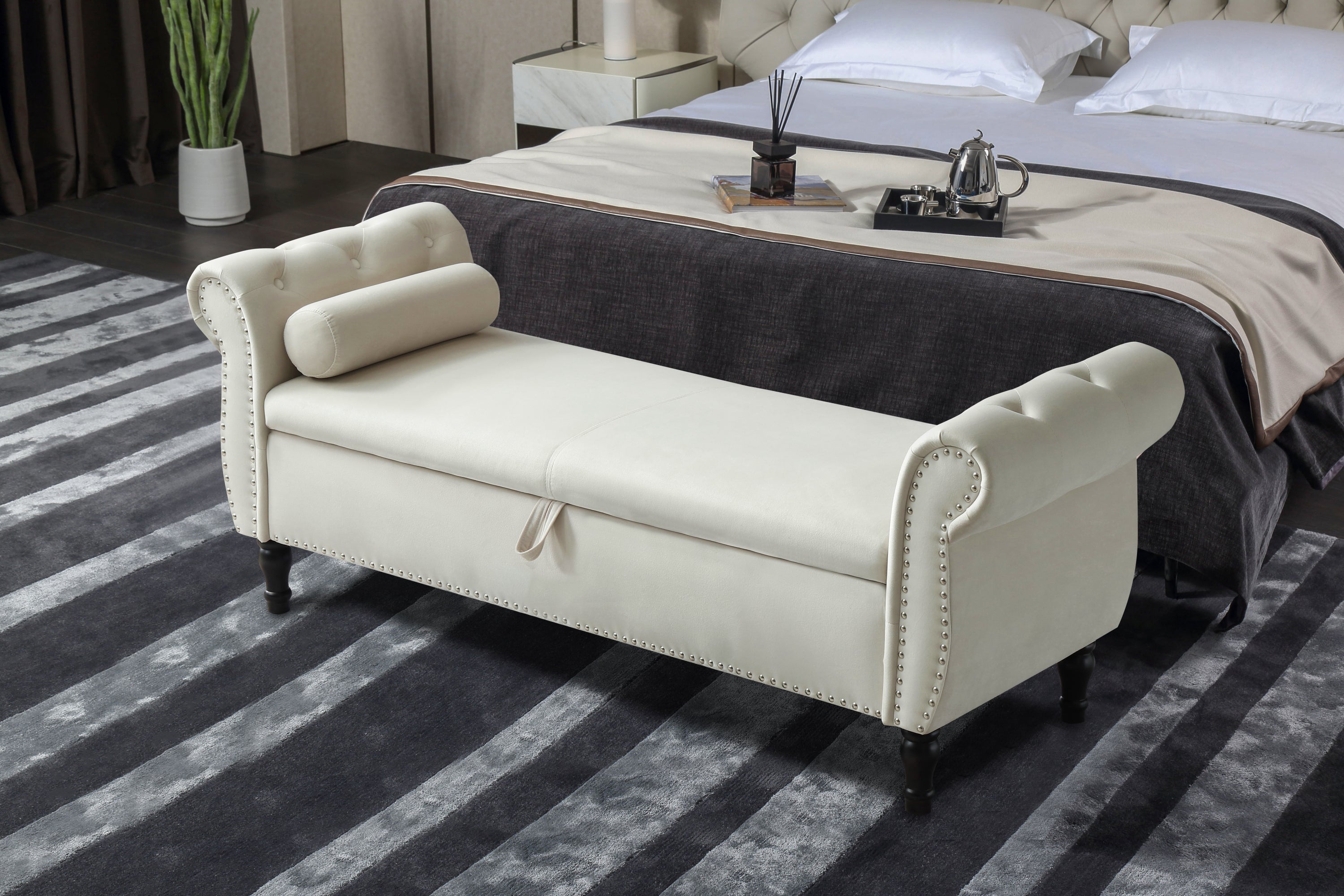 Aijia 63' Velvet Multifunctional Storage Rectangular Sofa Stool Buttons Tufted Nailhead Trimmed Solid Wood Legs with 1 Pillow,Beige - Grand Goldman Shop