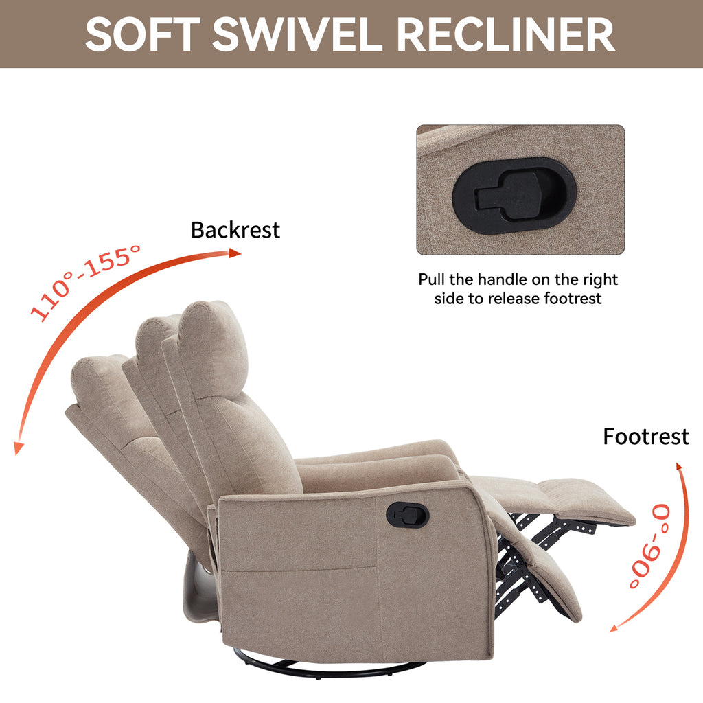 Heat Massage Manual Recliner Chair with Rocker and Swivel in Fabric for Living Room, Khaki - Grand Goldman Shop