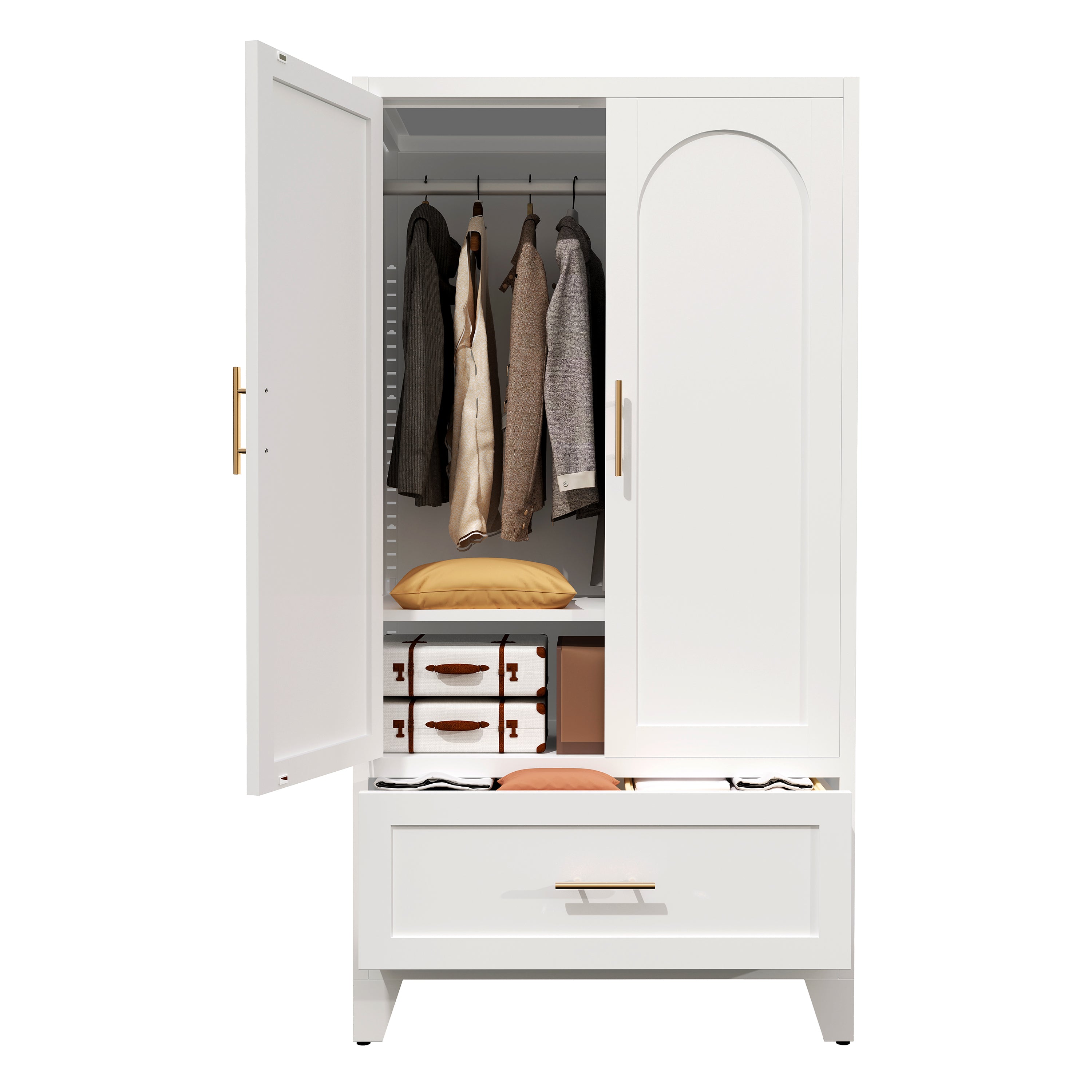 60' Tall Metal Wardrobe Cabinet with 1 Drawer and Hanging Rod, 2 Doors Wardrobe Closet with Shelf for Bedroom, Office, Laundry Room, Entryway, Foyer, Guesthouse (White) - Grand Goldman Shop