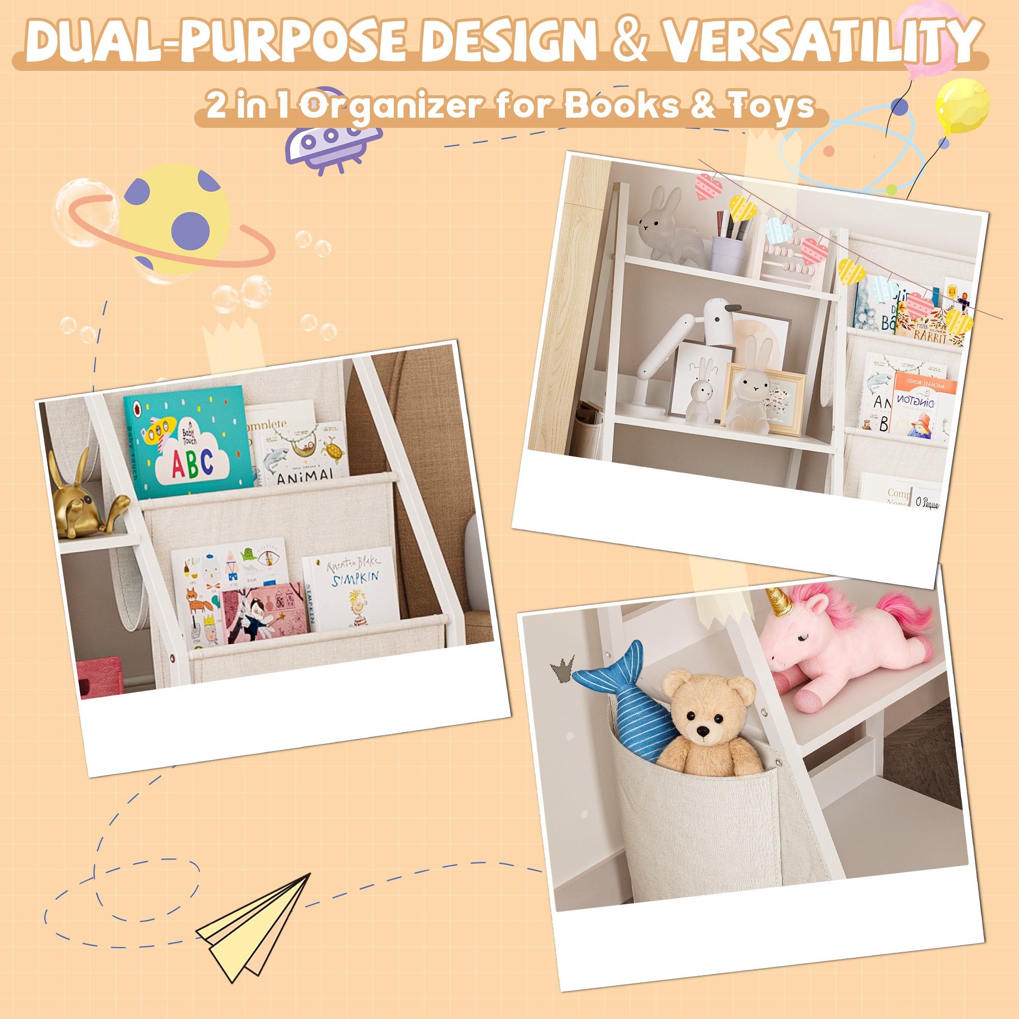 Kids Bookshelf and Toy Storage Organizer, Montessori Bookcase for Toddler Nursery, Wooden & Fabric Book Shelf with Anti-Tip S