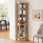 Corner Glass Cabinet Lighted Curio Cabinet Corner Display Case for Living Room, Curio Cabinet, Antique collection, Wine,Bar Glass Storage Light Included, Light oak - Grand Goldman Shop