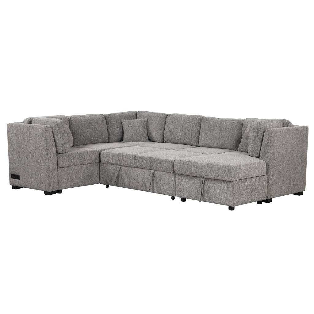 U-shaped Sectional Sofa Pull out Sofa Bed with USB Ports, Power Sockets, Storage Chaise, Light Gray Chenille, 108.6' - Grand Goldman Shop