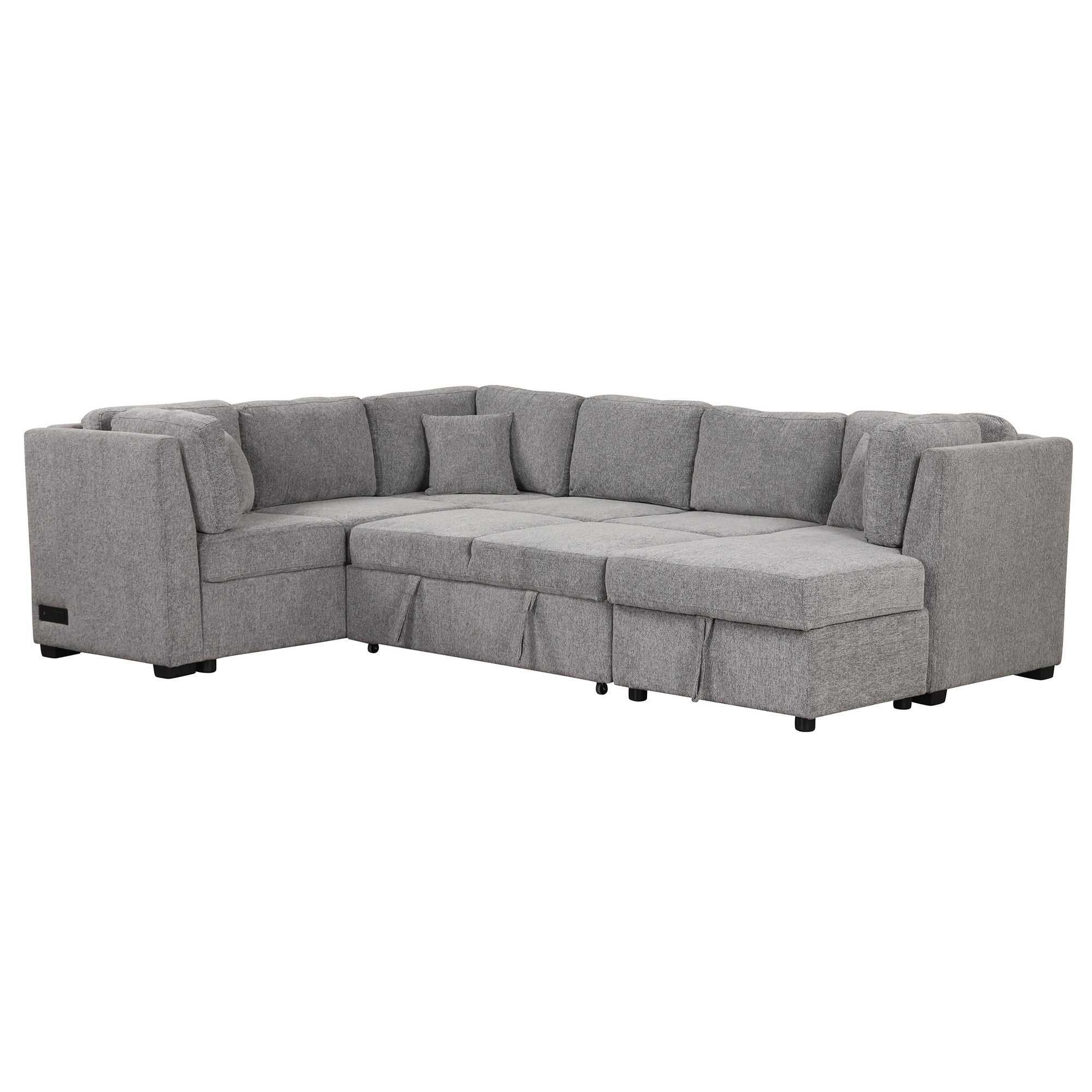 U-shaped Sectional Sofa Pull out Sofa Bed with USB Ports, Power Sockets, Storage Chaise, Light Gray Chenille, 108.6' - Grand Goldman Shop