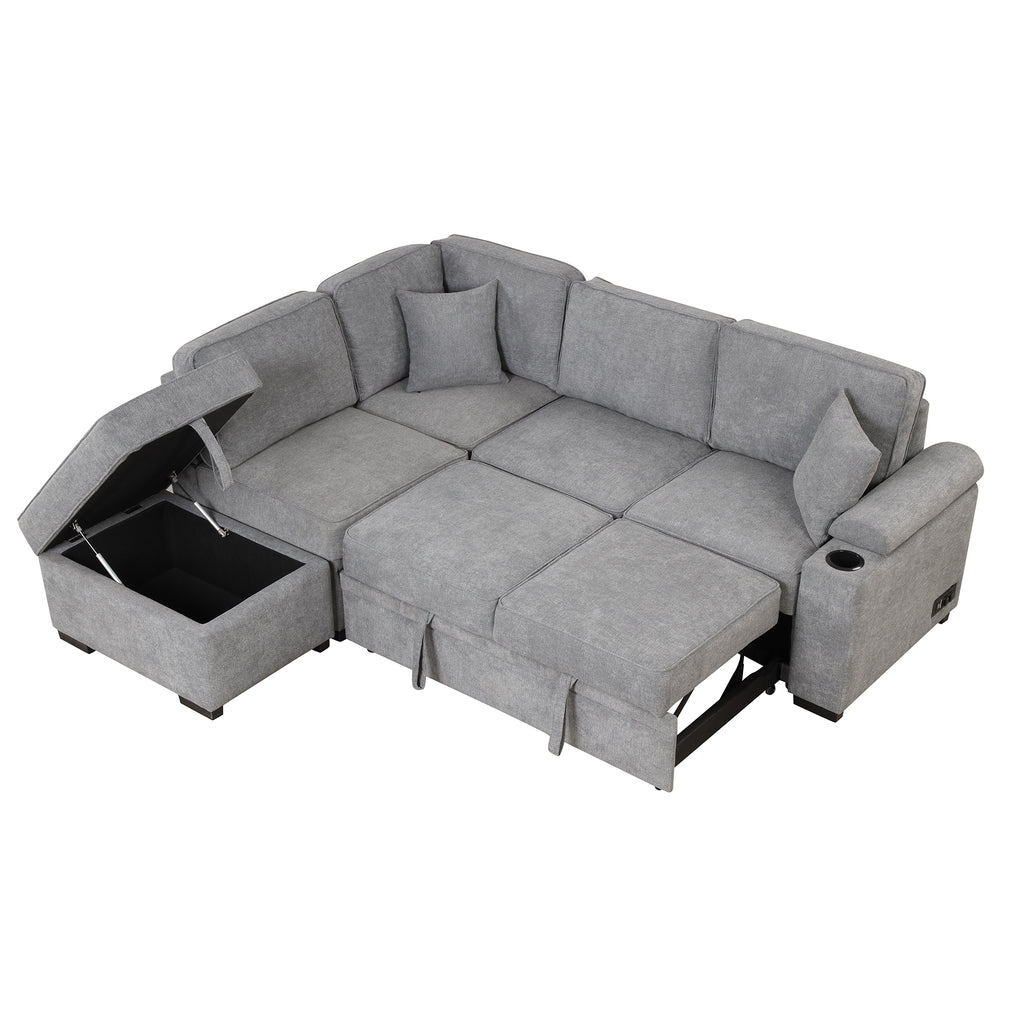 Modern Sleeper Sofa Bed with Storage Ottoman, Gray Linen, 84.75' L Shape Couch for Living Room or Apartment - Grand Goldman Shop