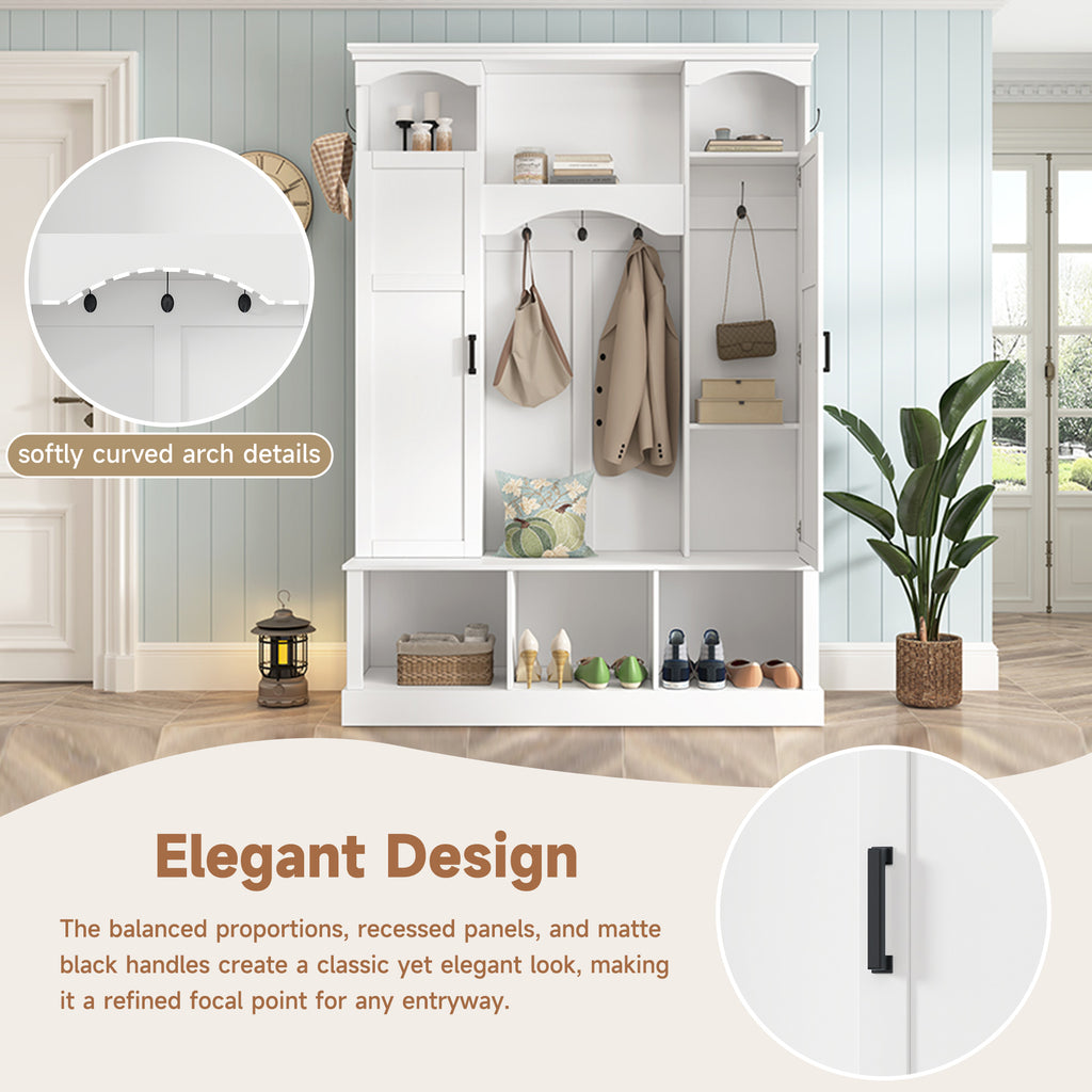 ON-TREND Modern All-in-One Hall Tree with Adjustable Shelves, Classic Arched Farmhouse Storage Bench with Dual Side Cabinets, Elegant Entryway Organizer with 7 Hooks for Mudroom, Hallway, White - Grand Goldman Shop