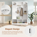 ON-TREND Modern All-in-One Hall Tree with Adjustable Shelves, Classic Arched Farmhouse Storage Bench with Dual Side Cabinets, Elegant Entryway Organizer with 7 Hooks for Mudroom, Hallway, White - Grand Goldman Shop