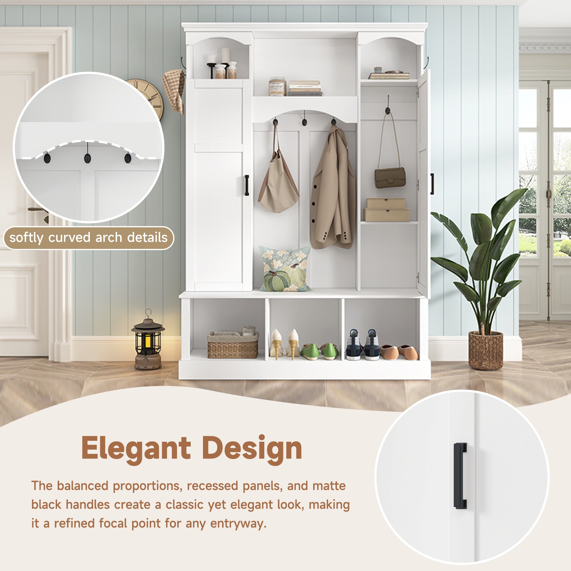 ON-TREND Modern All-in-One Hall Tree with Adjustable Shelves, Classic Arched Farmhouse Storage Bench with Dual Side Cabinets, Elegant Entryway Organizer with 7 Hooks for Mudroom, Hallway, White - Grand Goldman Shop