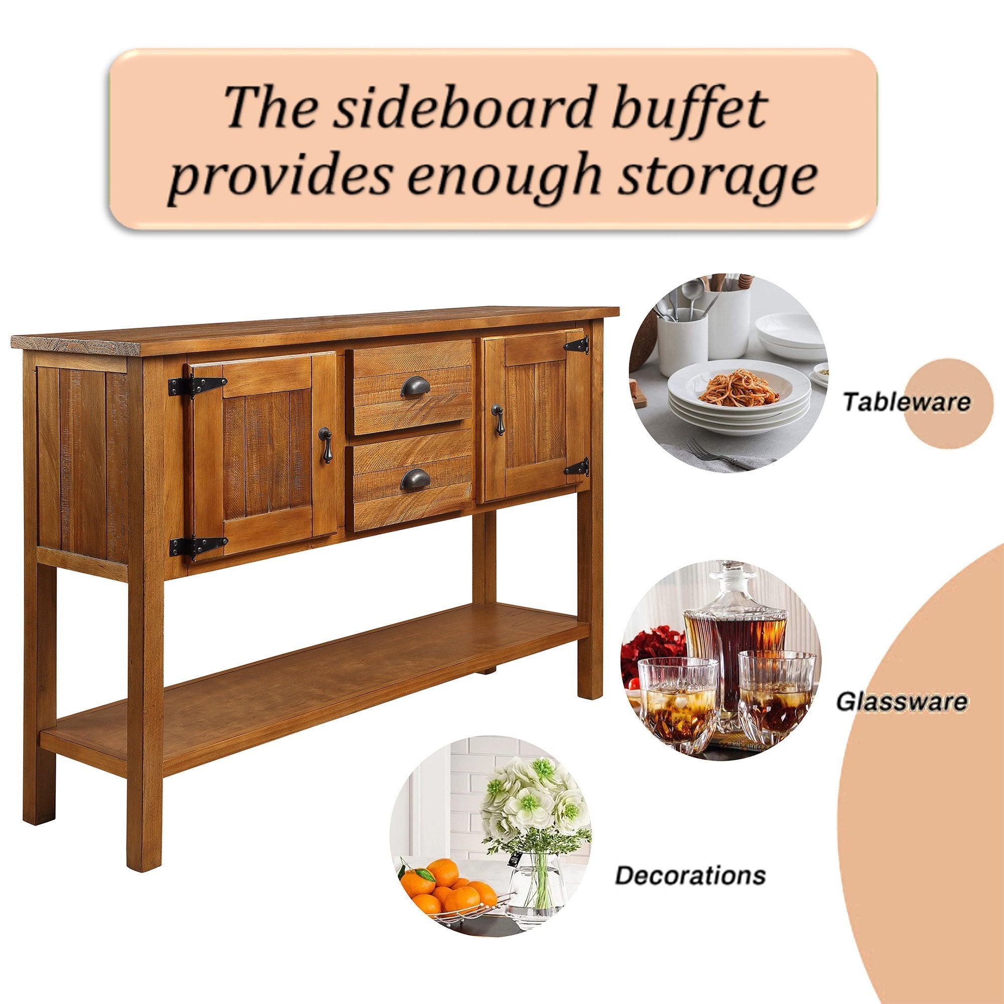 46'' Solid Wood Sideboard Console Table with 2 Drawers and Cabinets and Bottom Shelf, Retro Style Storage Dining Buffet Server Cabinet for Living Room Kitchen Dining Room(Brown) - Grand Goldman Shop
