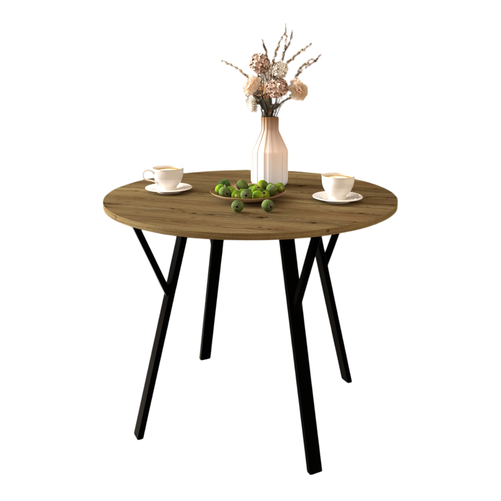 Modern Round Dining Table, Rustic Brown MDF Top with Black Metal Legs, 35.43 Inch Diameter for 2-4 People - Grand Goldman Shop