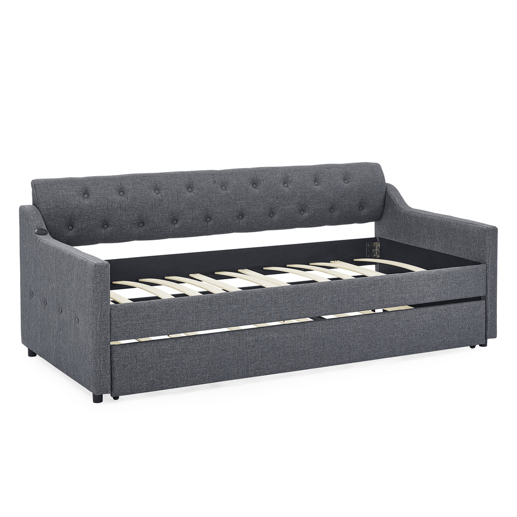 Twin Size Upholstered Daybed with Trundle and USB Charging, Dark Gray Linen - Grand Goldman Shop