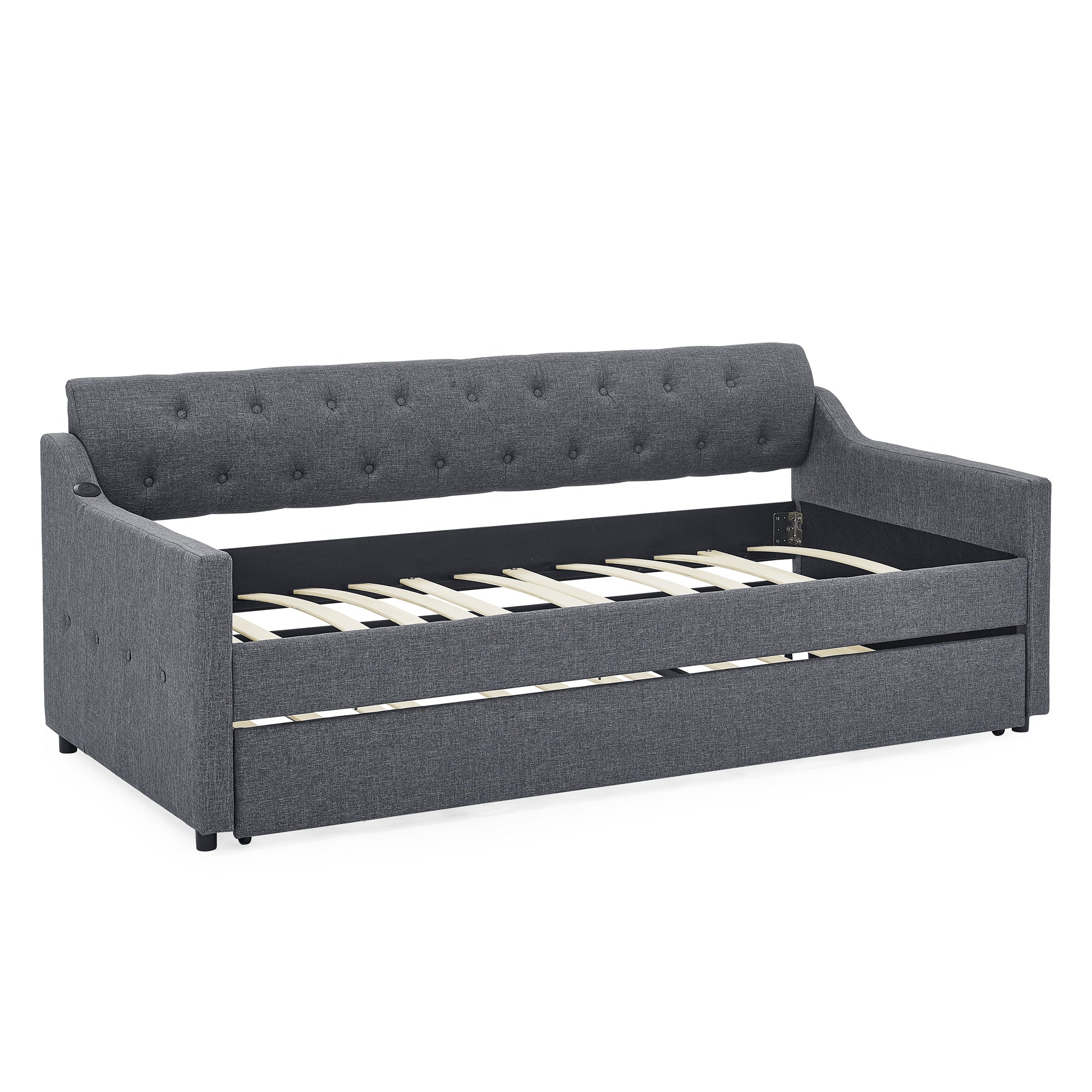 Twin Size Upholstered Daybed with Trundle and USB Charging, Dark Gray Linen - Grand Goldman Shop