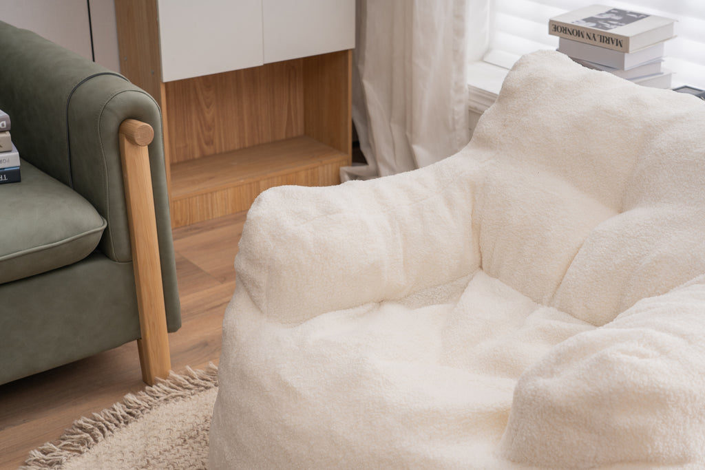 Ivory White Soft Teddy Fabric Tufted Foam Bean Bag Chair with Memory Sponge - Grand Goldman Shop