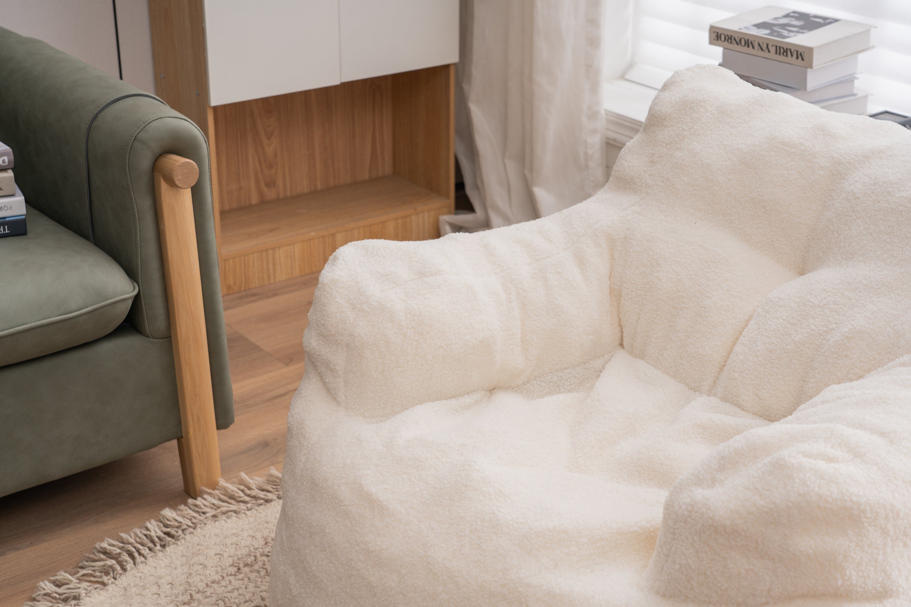 Ivory White Soft Teddy Fabric Tufted Foam Bean Bag Chair with Memory Sponge - Grand Goldman Shop