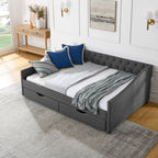 Mid-Century Style Upholstered Daybed with Drawers, Dark Grey Linen Fabric, Button Tufted Back, Copper Nail Trimmed Waved Arms, 80.5''x55.5''x27.5'' - Grand Goldman Shop