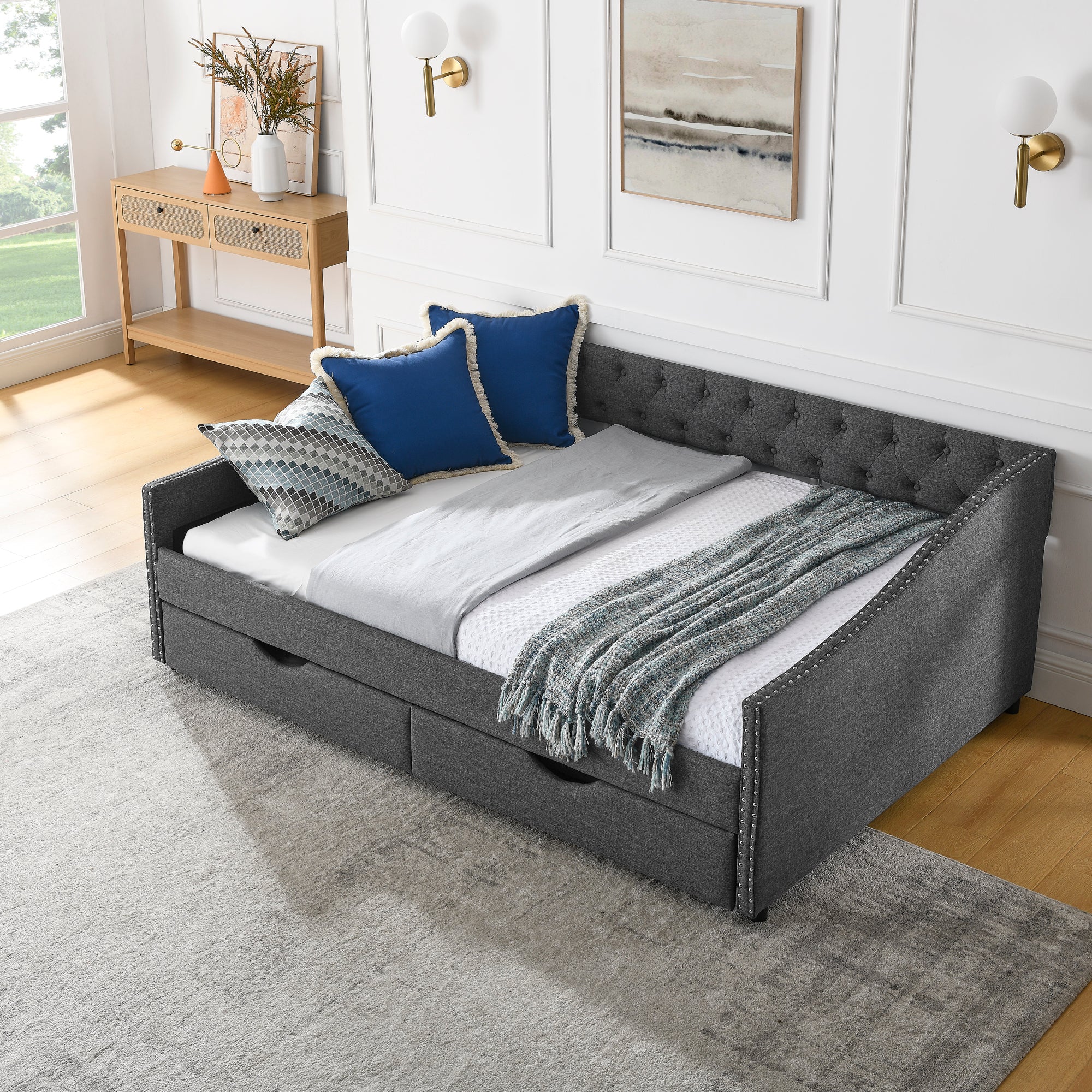 Mid-Century Style Upholstered Daybed with Drawers, Dark Grey Linen Fabric, Button Tufted Back, Copper Nail Trimmed Waved Arms, 80.5''x55.5''x27.5'' - Grand Goldman Shop