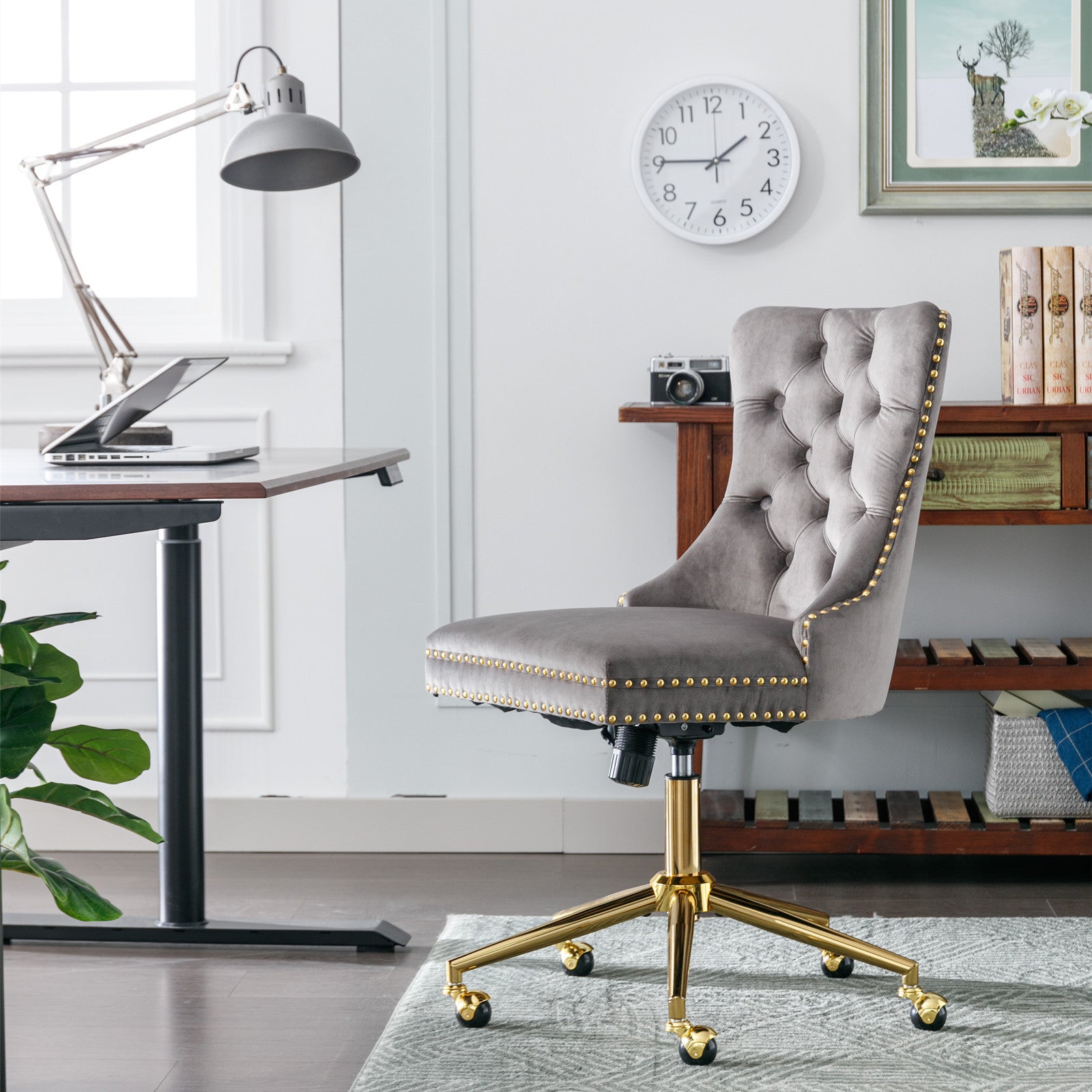A&A Furniture Office Chair,Velvet Upholstered Tufted Button Home Office Chair with Golden Metal Base,Adjustable Desk Chair Sw