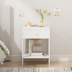 White Nightstand with Drawer and Open Shelf, Modern Wave Pattern Bedside Table, Solid Wood Frame End Table for Bedroom, Living Room, Small Spaces - Grand Goldman Shop