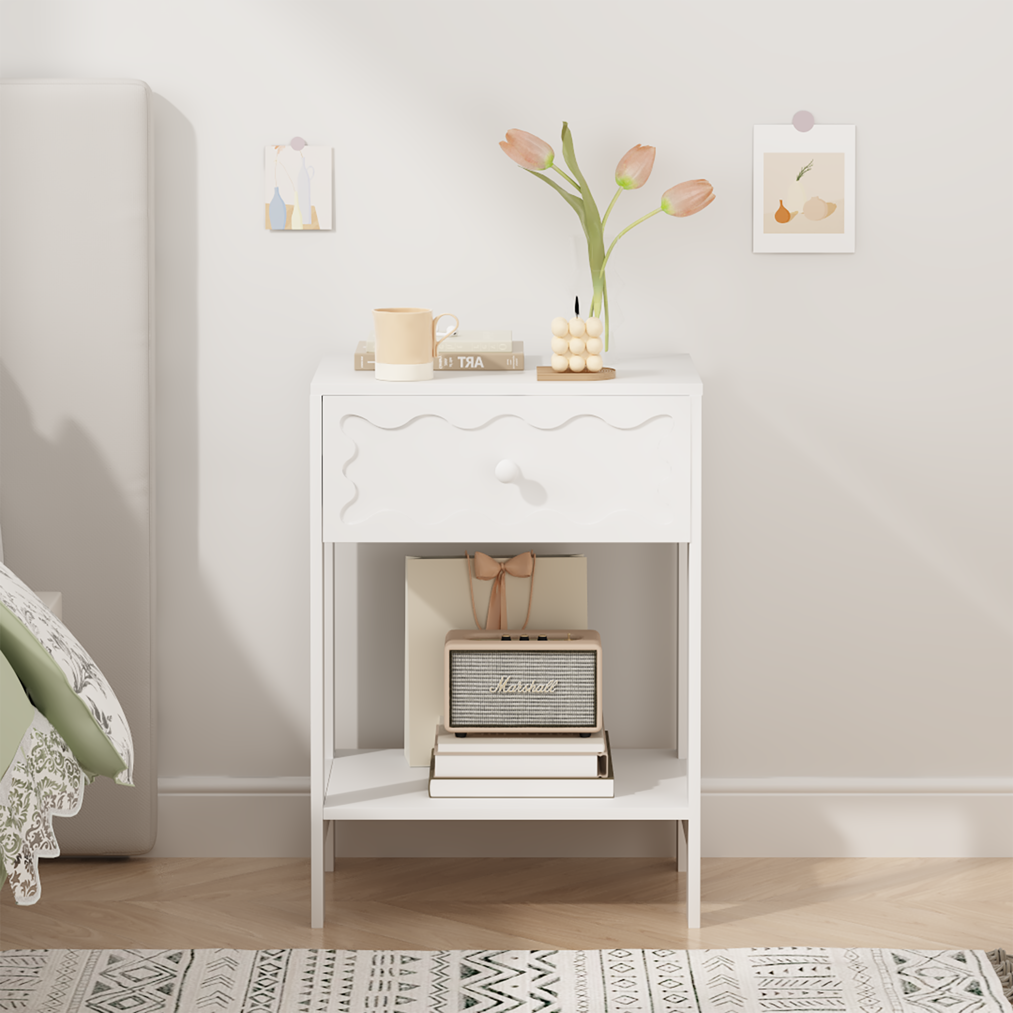 White Nightstand with Drawer and Open Shelf, Modern Wave Pattern Bedside Table, Solid Wood Frame End Table for Bedroom, Living Room, Small Spaces - Grand Goldman Shop