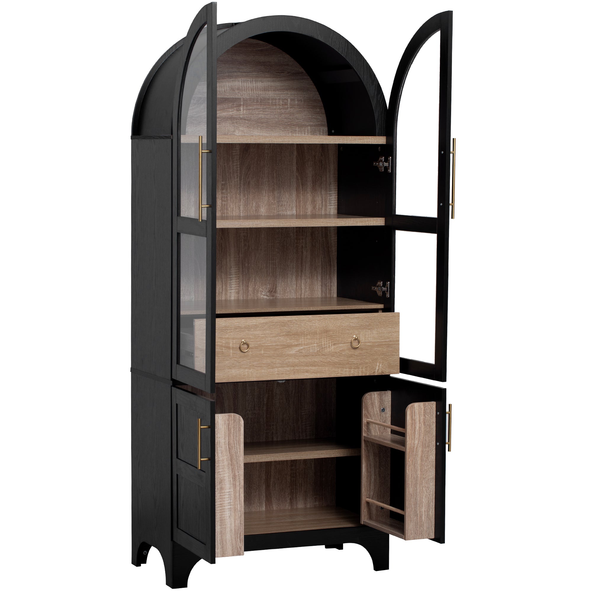 K&K 71' Tall Arched Kitchen Pantry Cabinet with Door Shelves, Farmhouse Kitchen Storage Cabinet with Open & Adjustable Shelves, Hidden Drawer & Glass Door, Cupboard for Kitchen, Dining Room, Black - Grand Goldman Shop