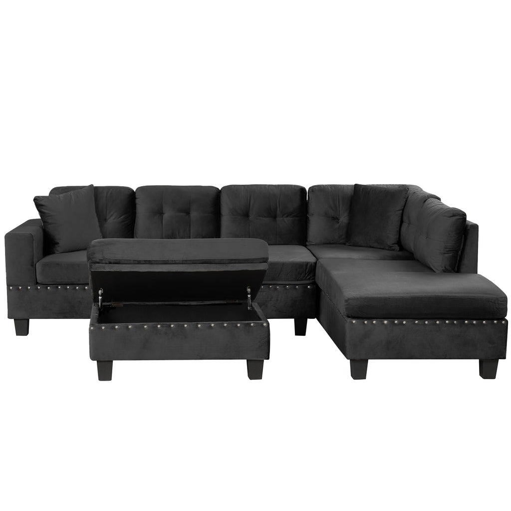 Modern Sectional Sofa with Storage Ottoman, L-Shape Couch with 2 Pillows and Cup Holders, Black Velvet, 105' - Grand Goldman Shop