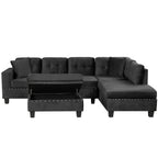 Modern Sectional Sofa with Storage Ottoman, L-Shape Couch with 2 Pillows and Cup Holders, Black Velvet, 105' - Grand Goldman Shop