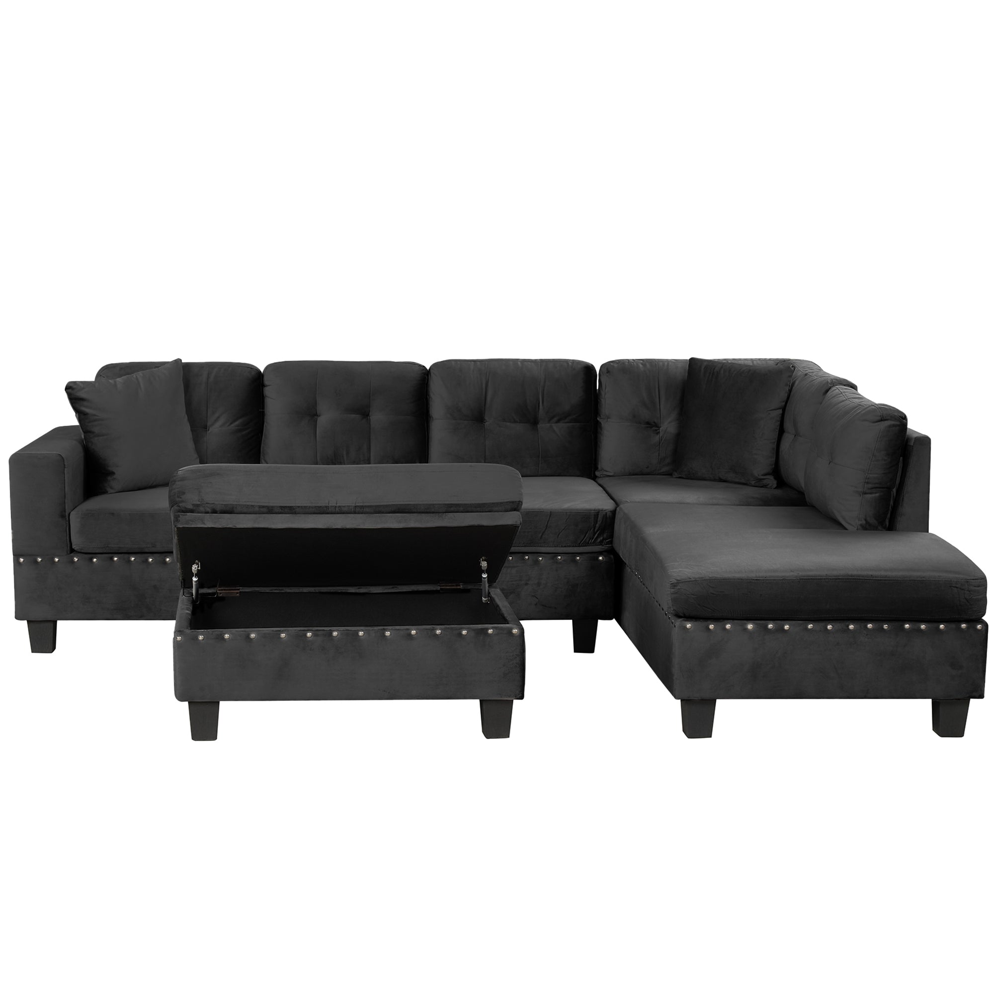 Modern Sectional Sofa with Storage Ottoman, L-Shape Couch with 2 Pillows and Cup Holders, Black Velvet, 105' - Grand Goldman Shop