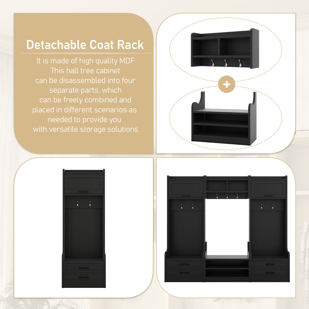 4-in-1 Detachable Hall Tree with Storage and 7 Hooks, Multiple Functions Hallway Coat Rack with Storage Drawers and Cabinet, Black Shoe Bench for Entryway Hallway - Grand Goldman Shop
