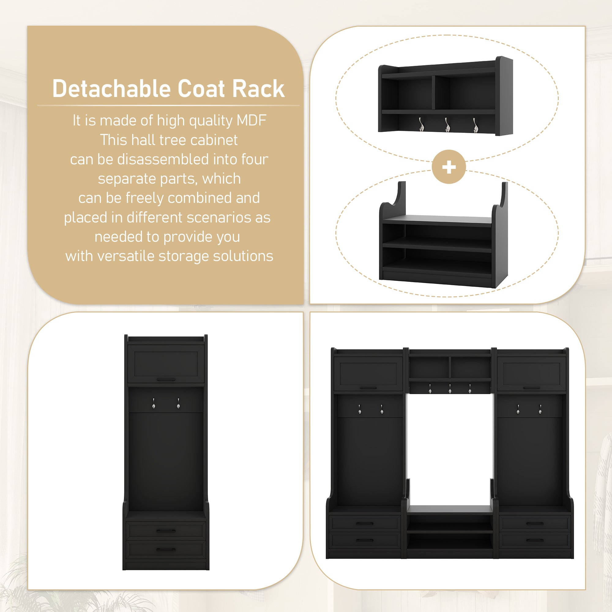 4-in-1 Detachable Hall Tree with Storage and 7 Hooks, Multiple Functions Hallway Coat Rack with Storage Drawers and Cabinet, Black Shoe Bench for Entryway Hallway - Grand Goldman Shop