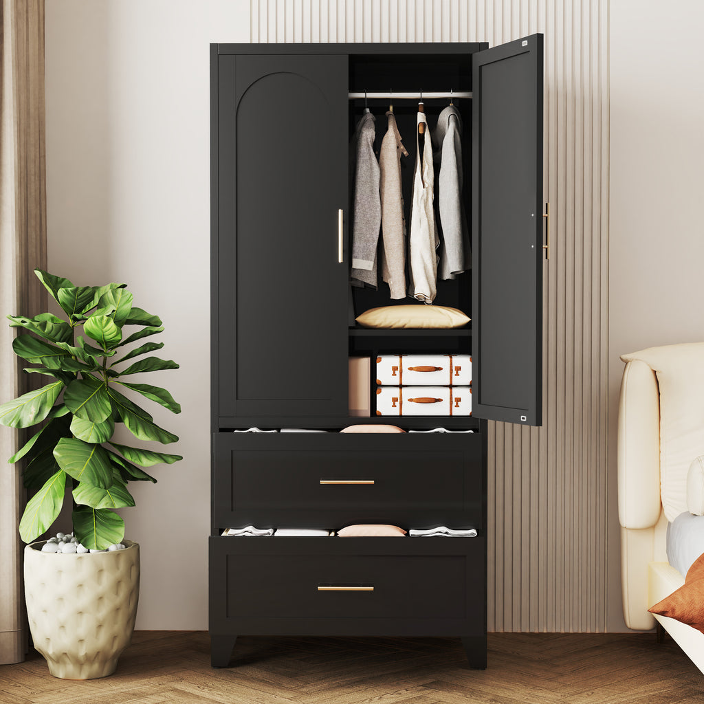 71' Tall Metal Wardrobe Cabinet with 2 Drawers and Hanging Rod, 2 Doors Wardrobe Closet with Shelf for Bedroom, Office, Laundry Room,Entryway ,Foyer,Guesthouse (Black) - Grand Goldman Shop