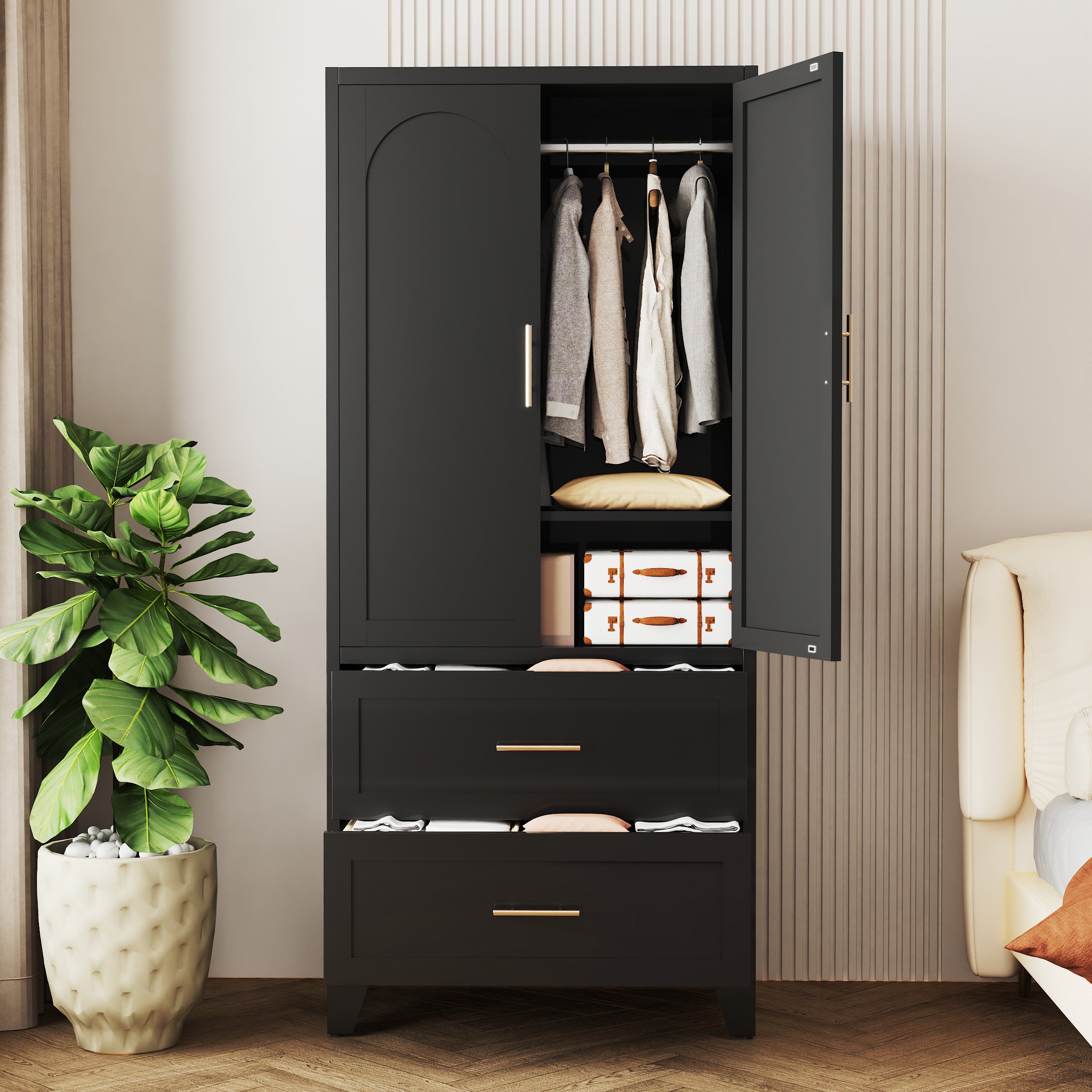 71' Tall Metal Wardrobe Cabinet with 2 Drawers and Hanging Rod, 2 Doors Wardrobe Closet with Shelf for Bedroom, Office, Laundry Room,Entryway ,Foyer,Guesthouse (Black) - Grand Goldman Shop