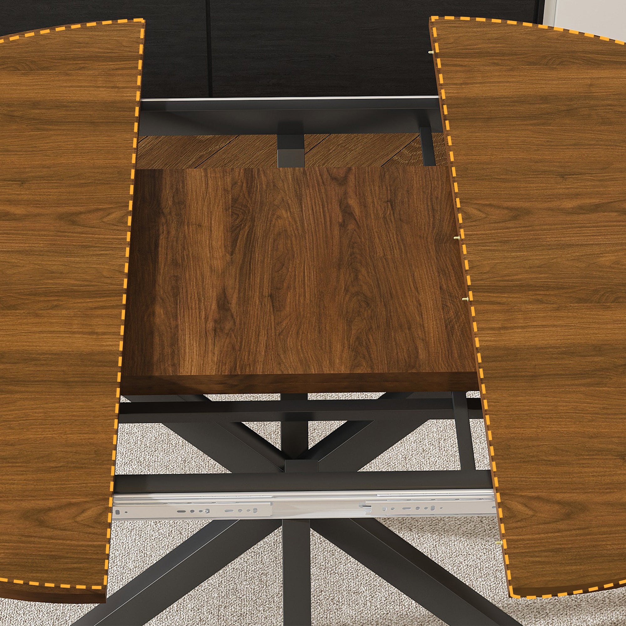 Modern Solid Wood Veneer Retractable Dining Table, Round Extendable 6-Person Table, Walnut MDF with Carbon Steel Base, 42-58 Inches - Grand Goldman Shop