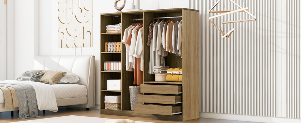 Doorless Wooden Storage Wardrobe for Dedroom with Shelves and 3 Drawers,Nature - Grand Goldman Shop