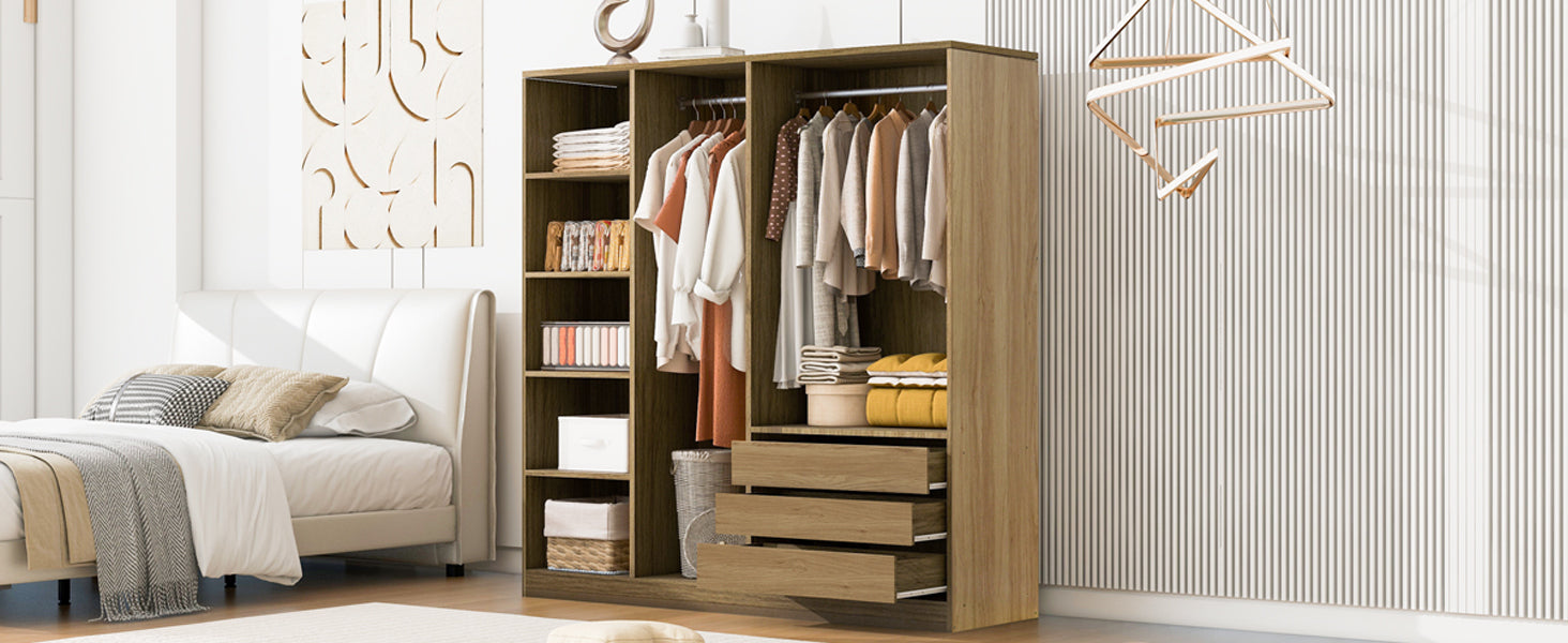Doorless Wooden Storage Wardrobe for Dedroom with Shelves and 3 Drawers,Nature - Grand Goldman Shop