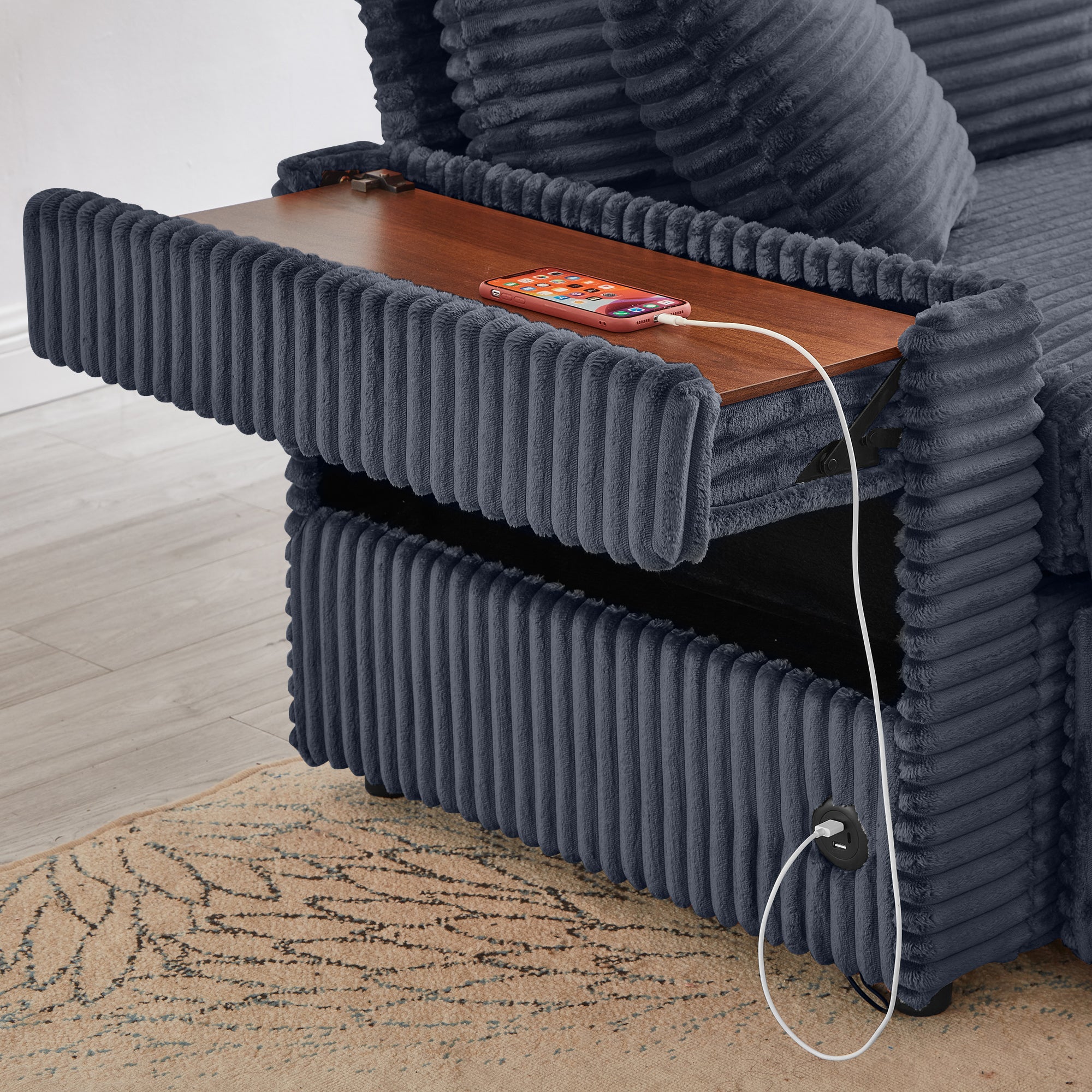 Comfortable Fluffy Corduroy Lazy Sofa, Storage Space for Big Loveseat, Super Soft Chaise Lounge with Double Ottomans and Table Board,Suitable for Chailiving - Grand Goldman Shop