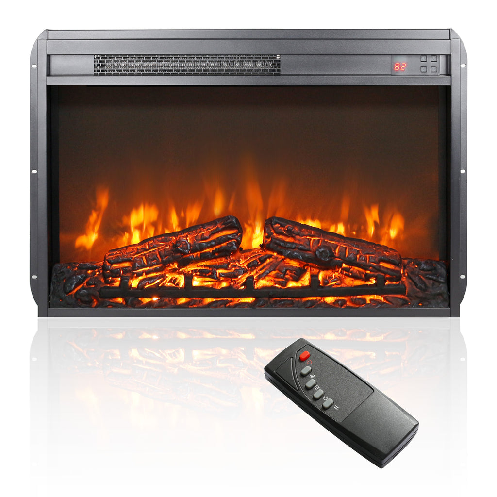 26 inch electric fireplace insert, ultra thin heater with log set & realistic flame, remote control with timer, overheating protection - Grand Goldman Shop