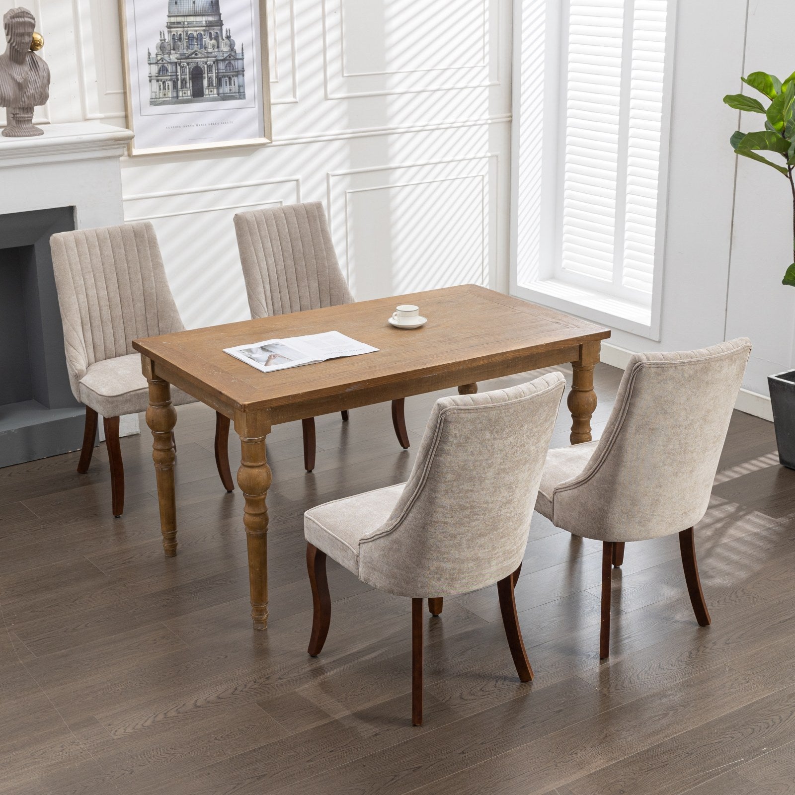 Rayon Cloth Flocking Linen Dining Chairs Channel Kitchen Dinner Chair Comfy Fabric Upholstered Accent Chair for Dining Room with Curved Solid Wood Legs,Set of 2 (Beige), SW1847BG - Grand Goldman Shop