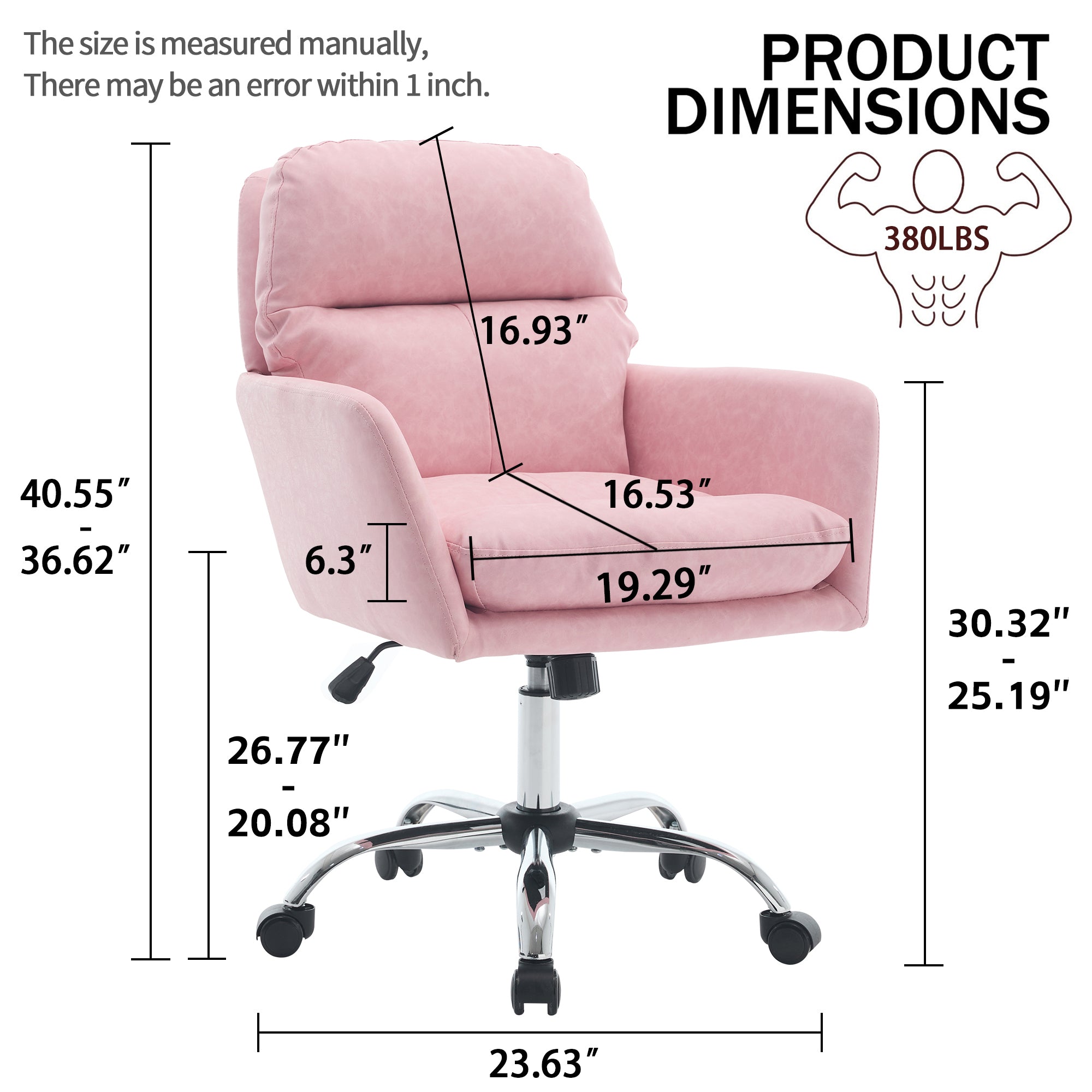 Pink PU Leather Office Chair with Adjustable Height, Black Base, Ergonomic Design for Office, Bedroom, and Dressing Table - G