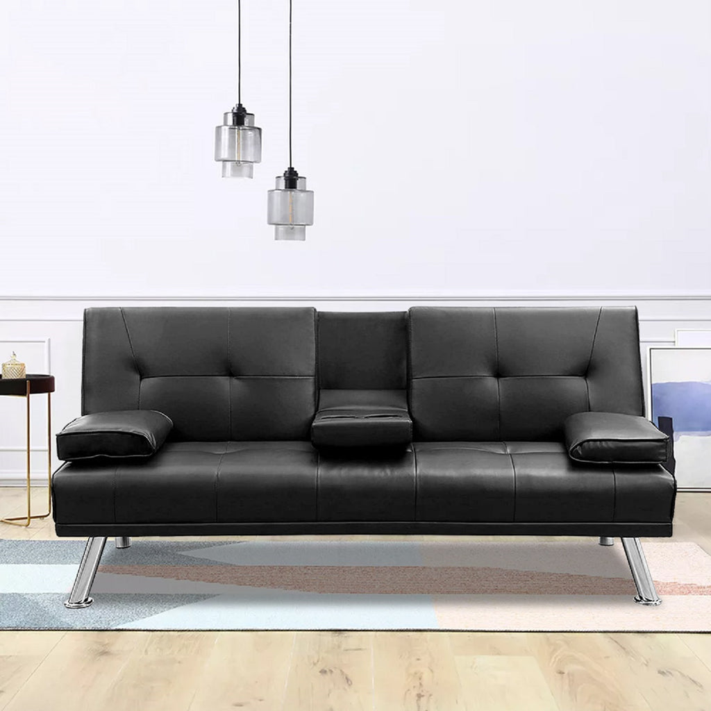 MEGA Futon Sofa Bed, Modern Faux Leather Convertible Folding Lounge Sofa for Living Room with 2 Cup Holders Removable Soft Armrests and Sturdy Metal Legs, Charming Black. - Grand Goldman Shop