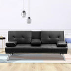 MEGA Futon Sofa Bed, Modern Faux Leather Convertible Folding Lounge Sofa for Living Room with 2 Cup Holders Removable Soft Armrests and Sturdy Metal Legs, Charming Black. - Grand Goldman Shop