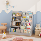 Kids Bookshelf and Toy Storage Organizer, 4-Tier Wooden Bookcase with Display Stand in Gray MDF for Nursery, Playroom, or Chi