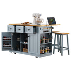 K&K 53inch Large Kitchen Island with 2 Bar Stools,Power Outlet,Door Internal Storage Rack,Kitchen Storage Cart on 5 Wheels with Drop Leaf,5 Open Side Racks,3 Drawers,Grey Blue (Three Packages) - Grand Goldman Shop