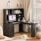 L Shaped Desk with Charger,Computer Desk with Drawers,Bookshelf,Modern Corner Desk,Home Office Desk,L-Shaped Study Table Writ