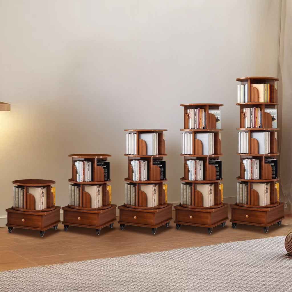 (UPGRADED) Rotating Bookshelf, 360 Display Corner Bookshelf for Small Space, 6 Tier Bookcase Storage Rack with Wheels, Wood Narrow Organizer for Bedroom, Living Room, Study Room, Walnut Brown - Grand Goldman Shop